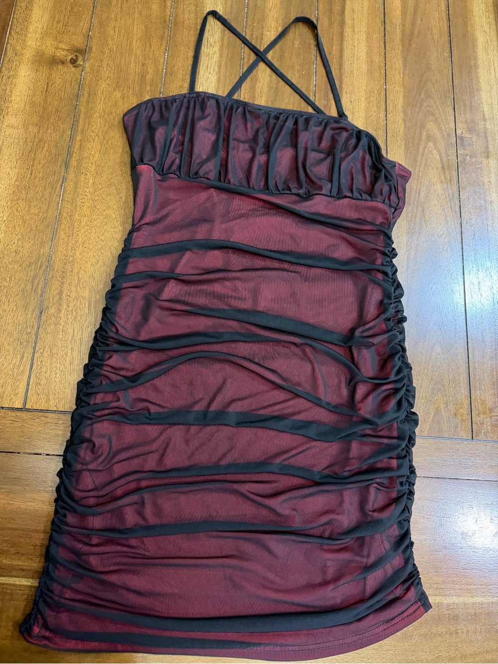 SHEIN size 12 Women’s Burgundy Ruched Mesh Mini Dress with Black Accents